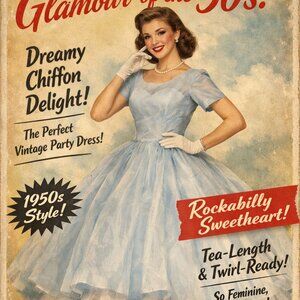 1950s Vintage Pale Blue Chiffon Prom Dress Rockabilly Cupcake Party Retro S